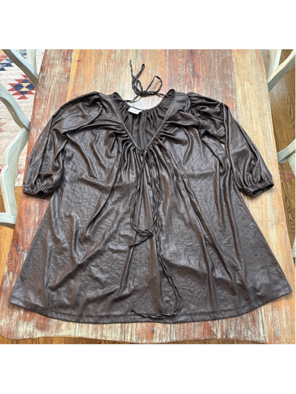 M By Maskit Semi-Sheer Mini Dress Chocolate Brown Metallic Ruched Slouchy OS